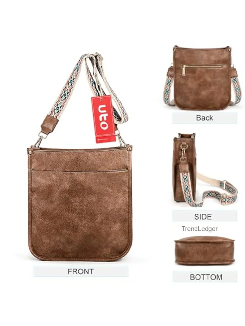 UTO Women's Faux Leather Crossbody Bag with Strap Zipped Pockets Bucket Handbag